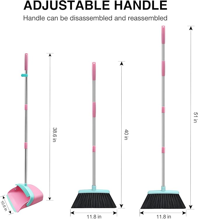 Broom and Dustpan Set, 52-in Long Adjustable Handle Broom Dustpan Combo with Dust pan Teeth to Automatically Clean Hair Suitable for Home Kitchen Office Hall Floor（Pink&Blue）