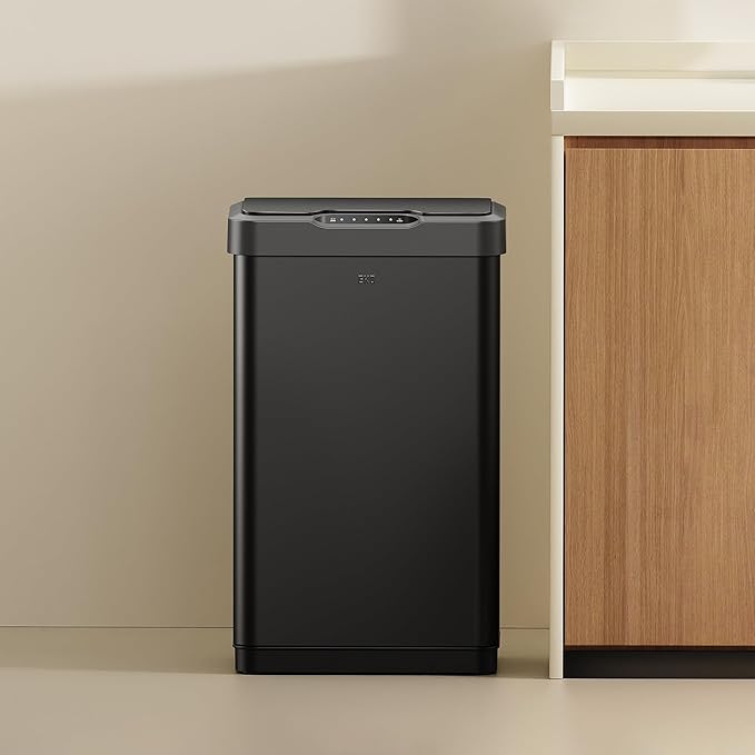 EKO Mirage-T 50 Liter / 13.2 Gallon Touchless Rectangular Motion Sensor Trash Can, Brushed Stainless Steel Finish (Matte Black)