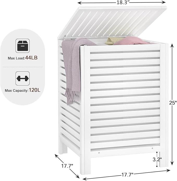 Homykic Bamboo Laundry Hamper with Lid, 120L Large Clothes Laundry Sorter with Removable 2-Section Liner Bag, Raised Laundry Basket Organizer for Clothing, Bathroom, Bedroom, Laundry Room, White