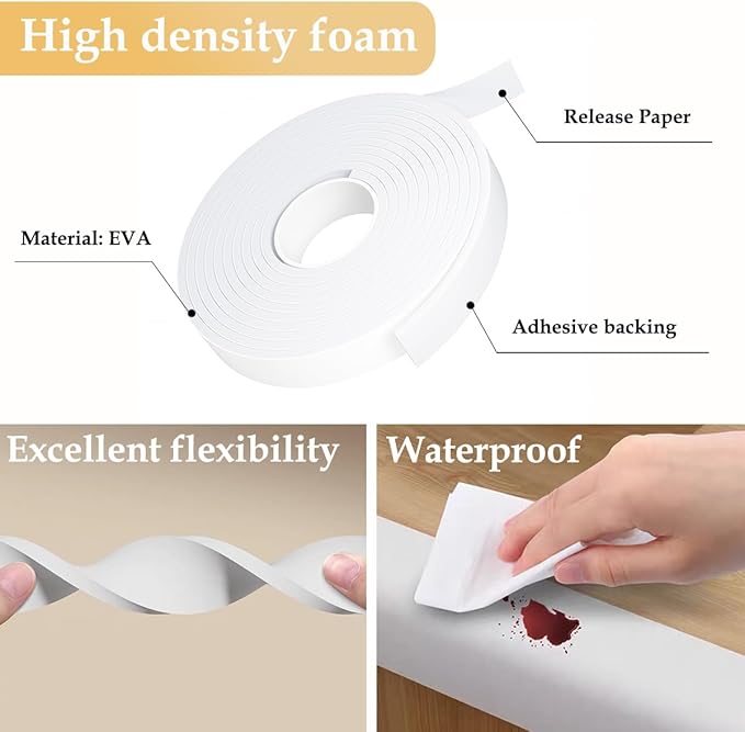 Weather Stripping Door Seal White,1Inch Wide X 1/4 Inch Thick,Air Conditioner Window Seal,Self Adhesive Foam Tape High Density Foam Sealing Strip,Door Soundproof Tape Roll,Total 16.4 Feet Long