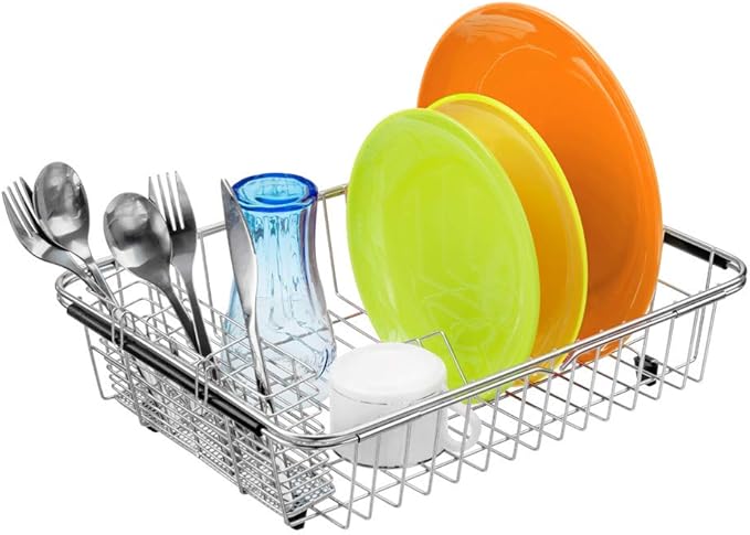 SANNO Expandable Dish Drying Rack Over Sink Dish Rack Shelf in Sink or On Countertop with Stainless Steel Utensil Holder Rustproof Stainless Steel