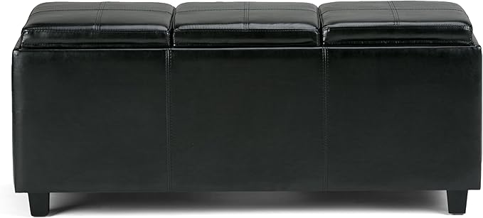 SIMPLIHOME Avalon 42 inch Wide Contemporary Rectangle Storage Ottoman in Midnight Black Vegan Faux Leather, Assembled, For the Living Room, Entryway and Family Room