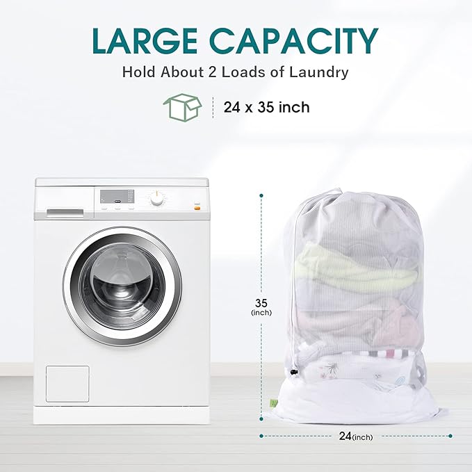 OTraki 2 Pcs Large Mesh Laundry Bags, 24X36 Inch Heavy Duty Drawstring Laundry Wash Bag, Dirty Clothes Laundry Hamper Liner Machine Washable Storage Bag for Travel Dorm Camp Hotel Beach White