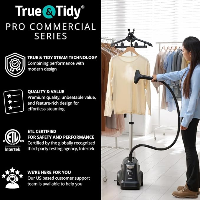 True & Tidy® Heavy-Duty Industrial Standing Garment Steamer for Clothes, 1800 watts, Extra Large 3L water tank 90+ mins of Steam Time (Matte Black, Smart Auto-Off Commercial Garment Steamer)