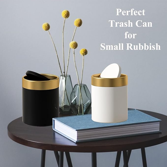 Mini Trash Can with Lid, Metal Small Tiny Mini Trash Bin Can, Mini Countertop Trash Cans for Desk Car Office Kitchen, Swing Top Trash Bin 1.5 L/0.40 Gal (Black)
