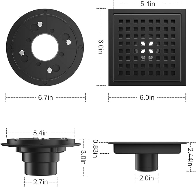 6 Inch Shower Drain Matte Black, Square Bathroom Floor Drain, Stainless Steel Drain Kit with Flange, Removable Grid Cover, Hair Strainer