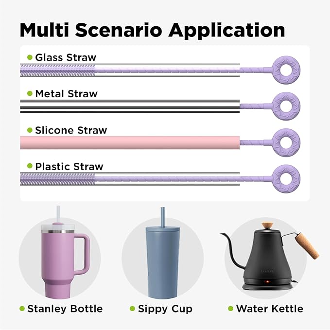 2 Pcs Silicone Straw Cleaner Brush, Extra Long Cleaning Brushes for Straws, 6mm&9mm, Purple
