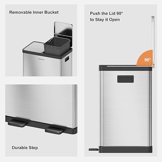 Kitchen Trash Can, 2 x 5.3 Gallon Garbage Can for Kitchen, Dual Compartment Recycling Trash Can, Trash and Recycle Bin Combo, Stainless Steel, Soft-Close Lid, Fingerprint Proof
