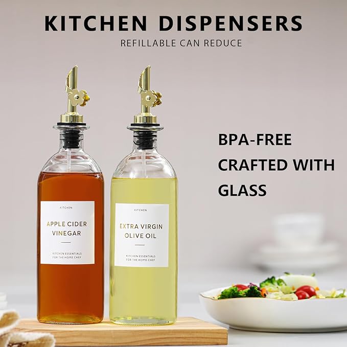 HOMCDALY Olive Oil Dispenser for Kitchen, 11.8oz Glass Dispenser Bottles with Pourer for Kitchen, Oil and Vinegar Dispensers Set, Leakproof Oil Bottle for Cooking| Set of 2 (16oz)