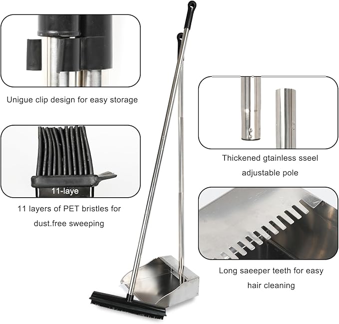 Rubber Broom and Dustpan Set,Pet Hair Removal Rubber Broom with Squeegee and Stainless Steel Dust Pan,Carpet Rake Push Broom and Dustpan for Fluff Hardwood Floor Tile (Black)