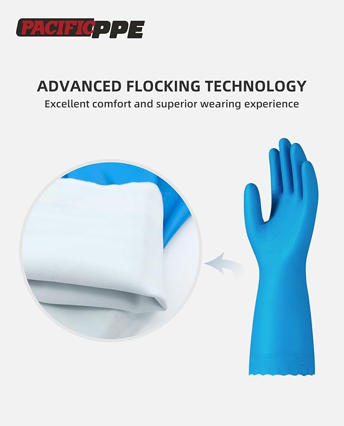 PACIFIC PPE 4 Pairs Reusable Dishwashing Cleaning Gloves, Household, Kitchen, Cotton Liner, Blue, Small