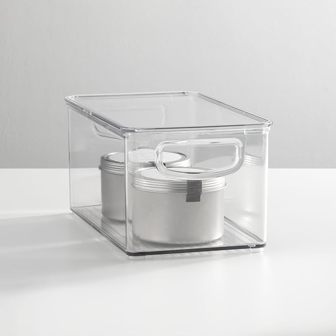 mDesign Plastic Deep Storage Bin Box Container with Lid and Built-In Handles - Organization for Fruit, Snacks, or Food in Kitchen Pantry, Cabinet, or Cupboard, Ligne Collection, 2 Pack, Clear