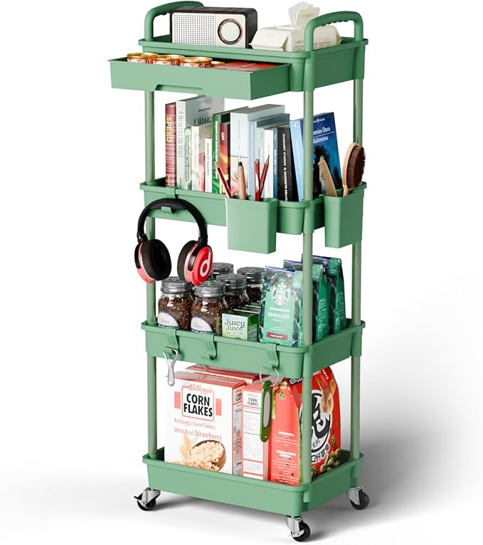 4 Tier Rolling Cart Organizer,Art Craft Diaper Bedside Snack Laundry Room Bathroom Organizer Narrow Thin Slim Rolling Trolley Utility Cart with Wheels for Kitchen,Office(Green)