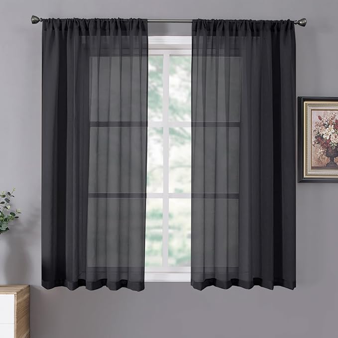 Tollpiz Short Sheer Curtain Linen Textured Bedroom Curtains Sheer Light Filtering Rod Pocket Voile Curtain for Living Room, 54 x 54 inches Long, Black, Set of 2 Panels