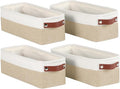 Univivi 4PC Long Narrow Storage Baskets, Small Fabric Storage Bins with PU Handles for Closet,Cabinet,Countertop Organizing Small Items(Khaki-15x6x5 inch)