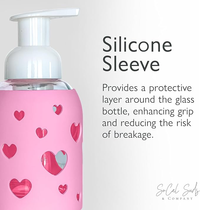 SoCal Suds & Company Glass Foaming Hand Soap Dispenser, Heart Silicone Sleeve, Refillable Pump Bottle for Kids, Baby Wash & Shampoo, Ideal for Home Use, Bright Pink 8oz