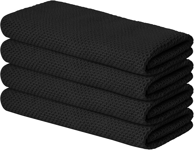 Artoid Mode 100% Cotton Black Waffle Weave Kitchen Dish Cloths, 13x28 Inch Ultra Soft Absorbent Quick Drying Kitchen Dish Towels Set of 4