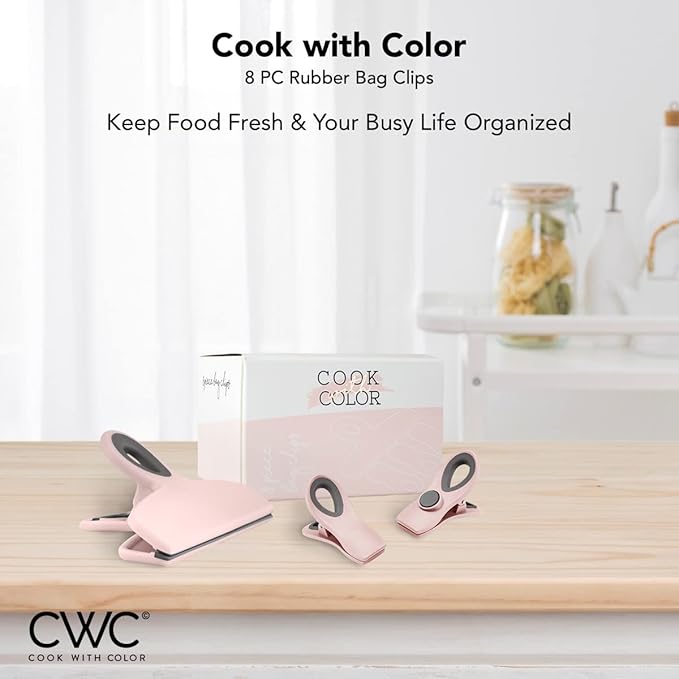 COOK WITH COLOR Bag Clips - Heavy Duty Chip Clip and Refrigerator Magnet Clips for Food Storage with Air Tight Seal Grip, Pink, Pack of 8