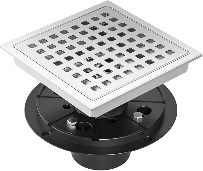 6 Inch Square Shower Drain Chrome, Bathroom Floor Drain, Stainless Steel Drain Kit with Flange, Removable Grid Cover, Hair Strainer