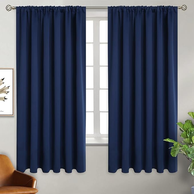 BGment Rod Pocket Blackout Curtains for Bedroom - Thermal Insulated 70 Inches Width Room Darkening Curtain for Living Room, 70 x 63 Inch, 2 Panels, Navy Blue