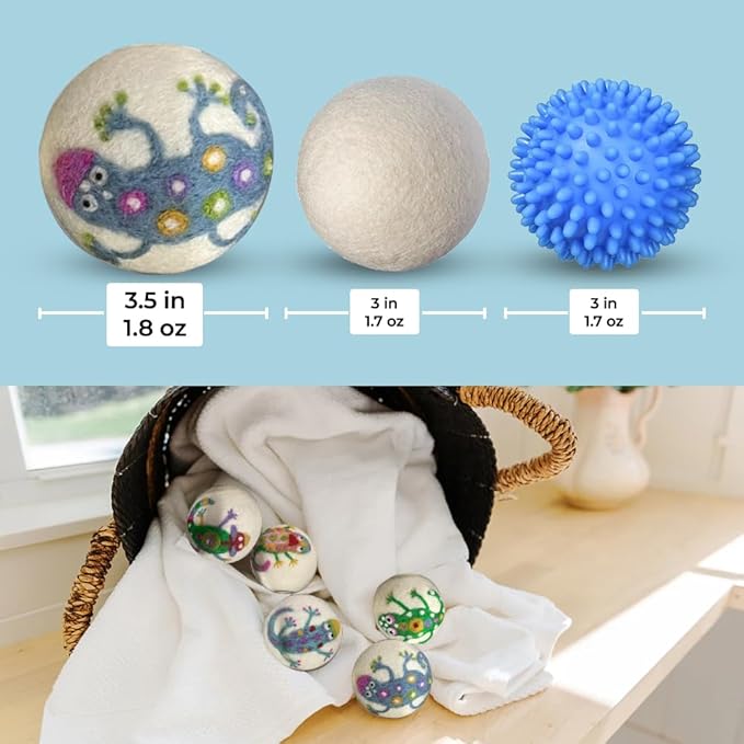 Ezhippie Quality Wool Dryer Balls - 6 XL Lizard Pack - 1000+ Loads - Pure Organic Wool - Reusable Natural Fabric Softener Perfect with Essential Oils, Reduce Clothing Static and Wrinkles