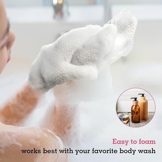 Evridwear Exfoliating Gloves for Shower, 100% Nylon Thick Soft Medium Heavy Bathing Gloves Dead Skin Remover Body Scrubber Smooth Skin with Hang Loop, 1 Pair Light White
