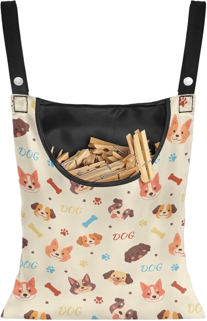 Clothes Pin Hanging Bag with Hanging Rope 14.5 X 12 Inch Clothespin Bag for Clothes Pins and Clothespins Heavy Duty Outdoor Use - Dog