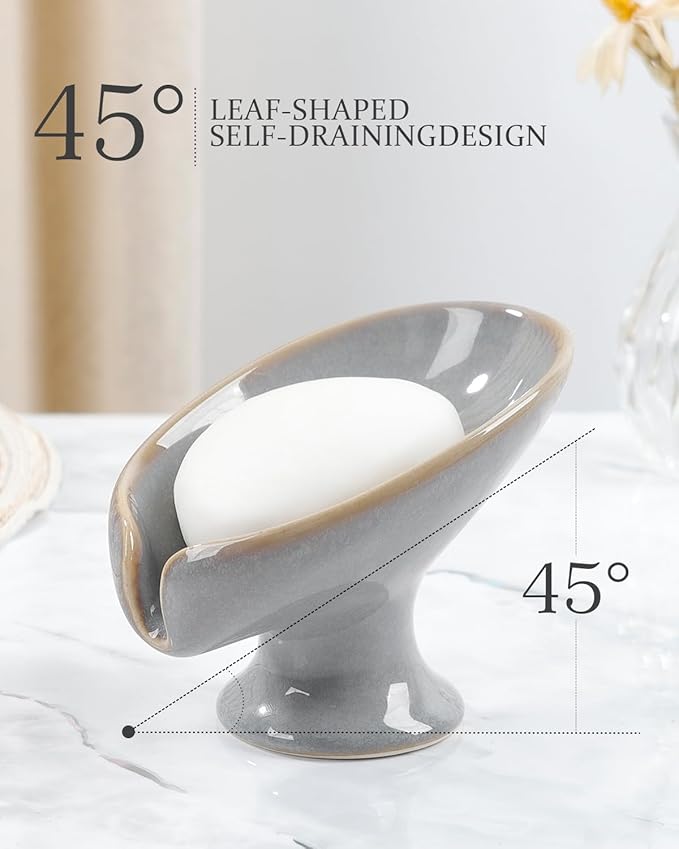 Soap Dish, Self Draining Bar Soap Holder for Bathroom Sink, Leaf Shaped Drainage Ceramic Porcelain Decorative Soap Dish, No Suction Cup, Kiln Stone Gray, ANTIS'S HOME