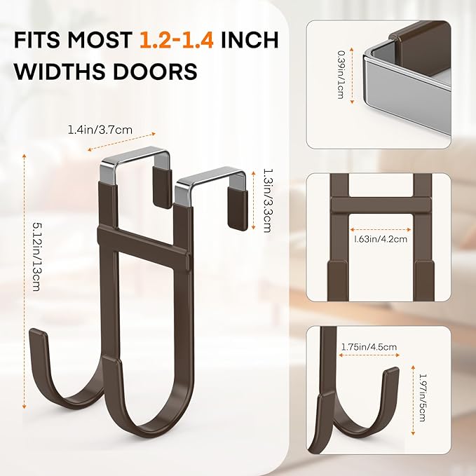 FYY Over The Door Hooks - 2 Pack Heavy Duty Dual-Hook Organizer Hanger with Non-Slip Rubber for Towels, Clothes, Hats & Bags Use in Bathroom, Bedroom, Kitchen - Fits Interior Doors Up to 1 3/8" Brown