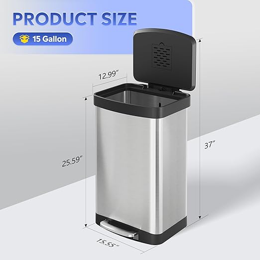 WLIVE 55 Liter Gallon Trash Can with Soft-Close Lid, 14.5 Gallon Brushed Stainless Steel Garbage Can, Kitchen Trash Can with Hands-Free Step, Integrated Bag Ring, Silver