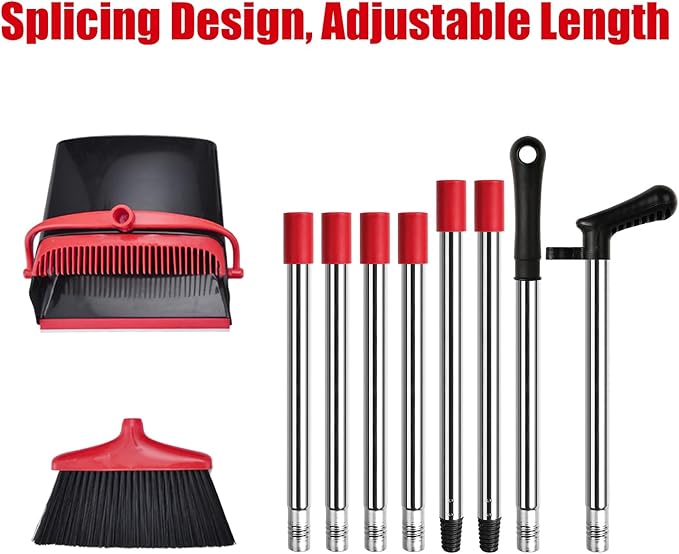 Broom and Dustpan Set with Long Handle – Upright Standing Broom Combo with Self-Cleaning Teeth & Windproof Dustpan, Floor Sweeper for Home, Kitchen, Pet Hair, Indoor Outdoor Use