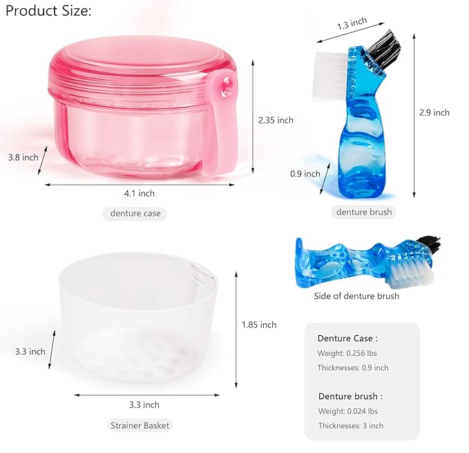 No Leak & Non-Slip Partial Denture Case Retainer Bath Box Cup, Denture Soaking Cup False Teeth Holder Box Case with Strainer Basket and Brush,Dishwasher safe - Transparent Pink