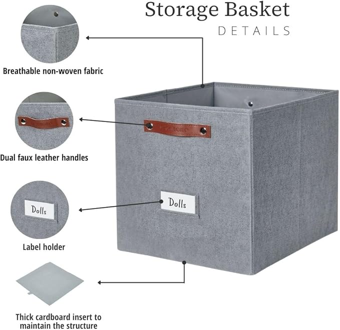 DECOMOMO Storage Cubes, 13x13x13 Storage Cube Bins with Labels, Fabric Organizer Bins (13" / 6pcs, Texture Grey)