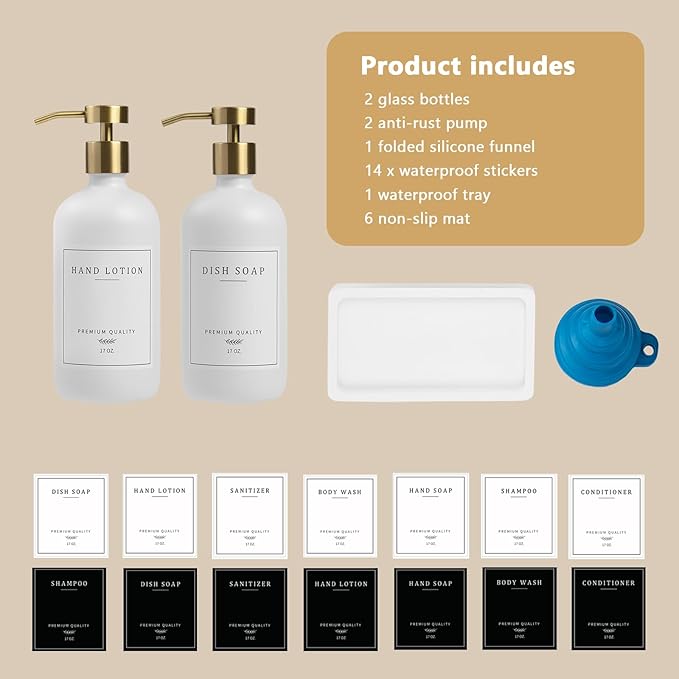 Soap Dispenser Bathroom - Kitchen Dish and Hand Soap Dispenser Set, Glass Bathroom Soap Lotion Dispenser with Pump, Tray, 14 Waterproof Labels, Set of 2 White Bottle/Gold Pump-pd