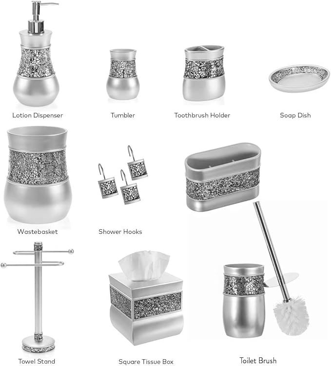 Crackled Glass Toilet Brush with Holder - Silver Toilet Bowl Cleaner Brush and Holder - Good Grip, Deep Cleaning, Decorative Design Compact Toilet Bowl Scrubber