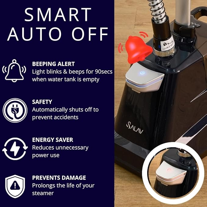 SALAV Commercial-Grade Standing Garment Steamer for Clothes with Auto-Off Safety 1800W Powerful Steam X-Large 3L Water Tank, 90-Min Continuous Use, Pedal-Control System, Beeps when Out of Water, Navy