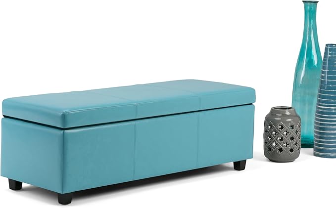 SIMPLIHOME Avalon 48 inch Wide Contemporary Rectangle Storage Ottoman Bench in Soft Blue Vegan Faux Leather, Assembled, For the Living Room, Entryway and Family Room