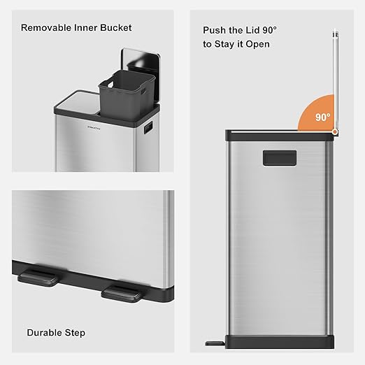 Kitchen Trash Can, 2 x 8 Gallon (2 x 30 L) Dual Trash Can, Garbage Can for Kitchen, Trash and Recycle Bin Combo, Fingerprint Resistant, Soft-close Lid,Odor-Proof and Brushed Stainless Steel