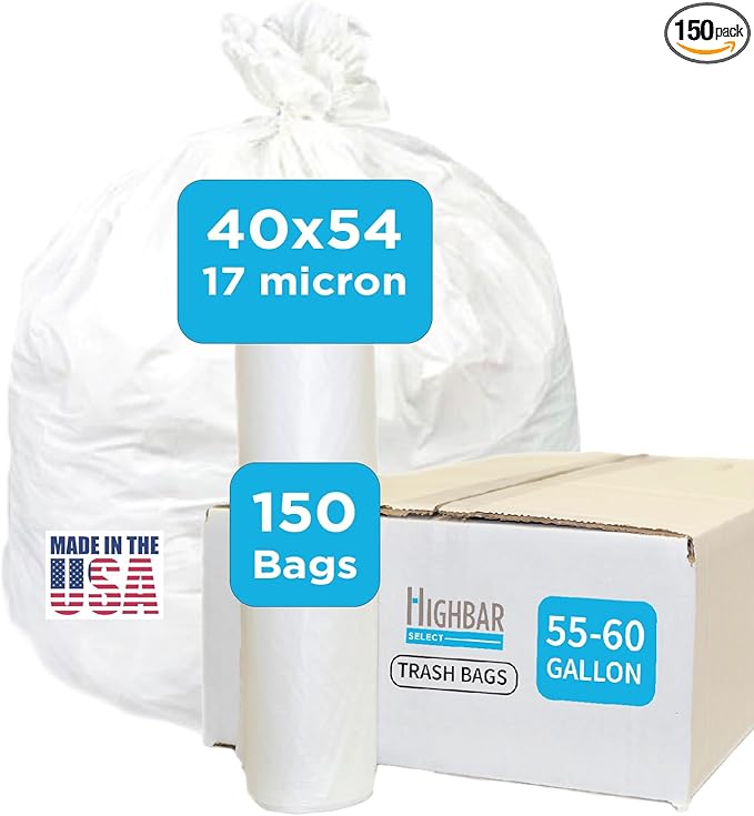 Large Garbage Bag - 55-60 Gallon Capacity, Heavy Duty, High Density, Tear Resistant, Unscented, Extra Strength for Commercial, Industrial, Office, House, Lawn, Events, Bulk Qty 150 Bags