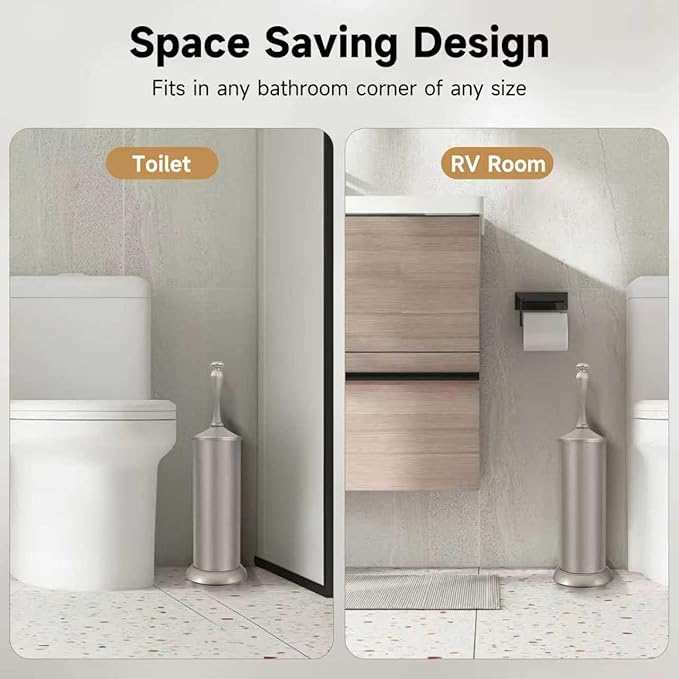 Stain Nickel Toilet Brush and Holder，Extra Long Handled Toilet Brush for Bathroom，Stainless Steel Heavy Duty Toilet Bowl Brush,Deep Cleaning Modern Toilet Cleaner Brush -Space Saving, Covered Brush