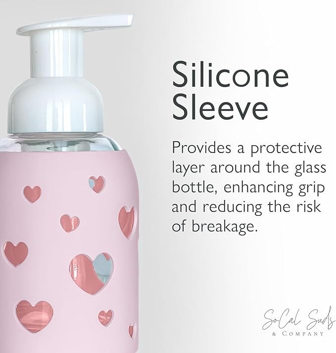 SoCal Suds & Company Glass Foaming Hand Soap Dispenser, Heart Silicone Sleeve, Refillable Pump Bottle for Kids, Baby Wash & Shampoo, Ideal for Home Use, Soft Pink 8oz