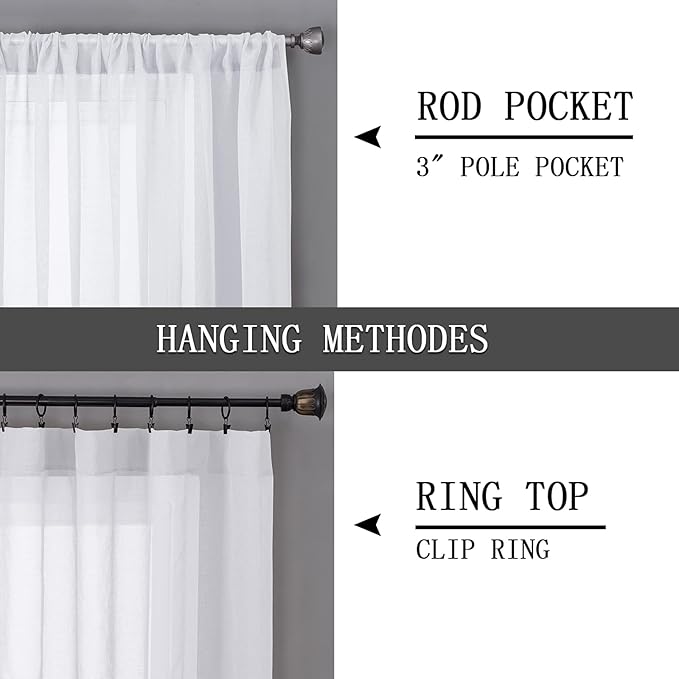 Tollpiz Sheer Curtain Linen Textured Bedroom Curtains Sheer Light Filtering Rod Pocket Voile Curtain for Living Room, 54 x 95 inches Long, White, Set of 2 Panels