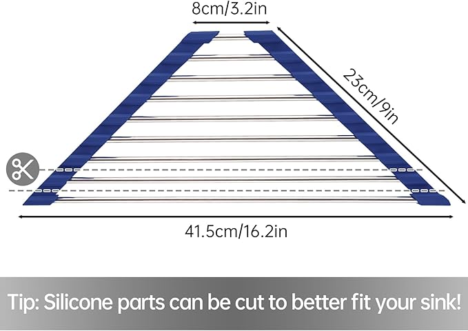 Tomorotec Triangle Roll-Up Dish Drying Rack for Sink Corner Small Foldable Stainless Steel Over The Sink Multipurpose Kitchen Drainer Caddy Organizer Storage Shelf Holder (Deep Blue)