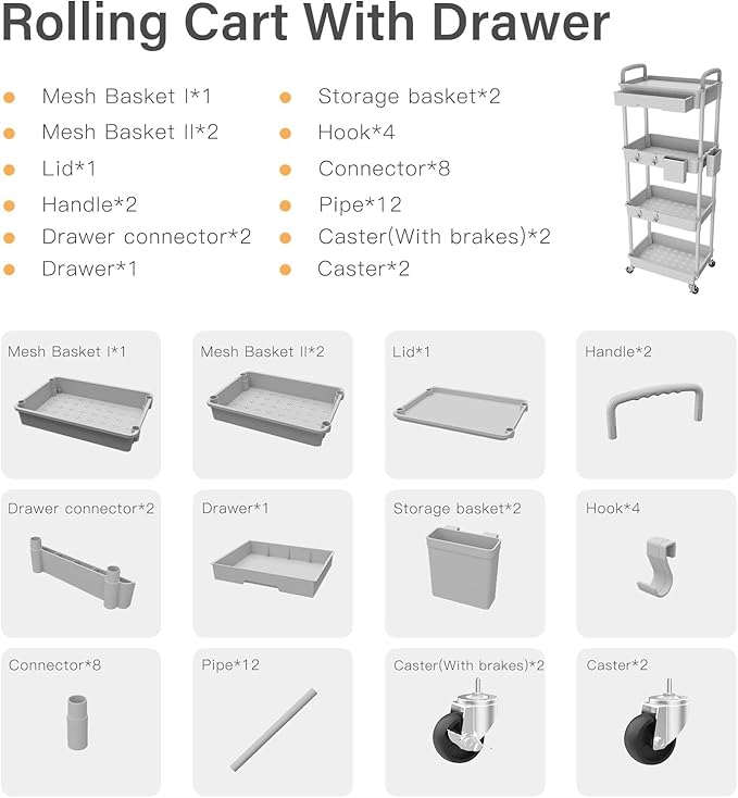 4 Tier Rolling Cart Organizer,Art Craft Diaper Bedside Snack Laundry Room Bathroom Organizer Narrow Thin Slim Rolling Trolley Utility Cart with Wheels for Kitchen,Office(Grey)