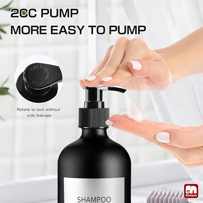 GMISUN Black Shampoo and Conditioner Dispenser, Shower Soap Dispenser Bottles with Labels, Refillable Shampoo Conditioner Body Wash Dispensers, Glass Soap Pump Dispenser Set for Bathroom Shower