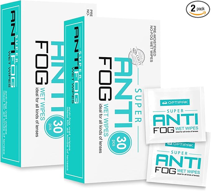 Anti Fog Wipes for Glasses, Binoculars, Face Shields, Ski Masks or Swim Goggles | Pre-Moistened Cleaning Antifog Lens Wipes for Eyeglasses and Defogger for Glasses (30 Count Pack of 2)
