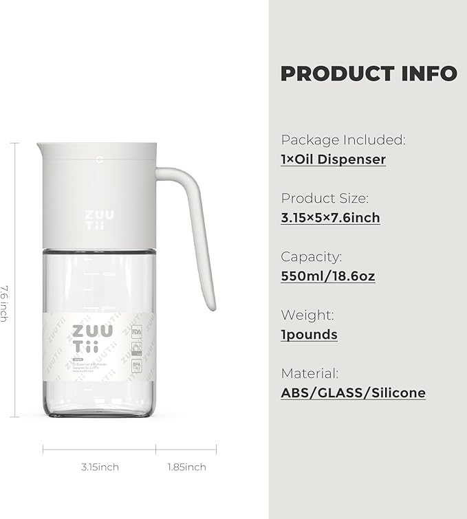 Zuutii Olive Oil Dispenser Bottle 18.6oz – Auto Flip Glass Vinegar Bottle with No-Drip Spout for Kitchen Cooking, Oil and Sauce Dispenser, Light Cream