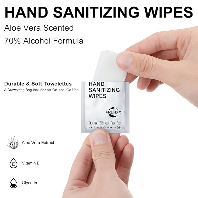 Premium Hand Sanitizing Wipes, 100 Count Non-Woven Wet Wipes Travel Size, Aloe Vera Scent, 70% Alcohol, Individually Wrapped, for Home, Office & Outdoor, Drawstring Bag Included