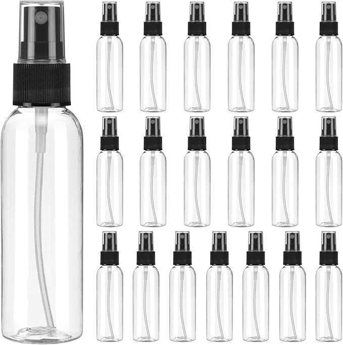 uxcell 20 Pack Spray Bottles, 2 Oz/60ML Clear Empty Mist Plastic Mini Travel Bottle Set,Small Refillable Liquid Containers for Household Use, Essential Oil, Cleaning (Transparent Black)