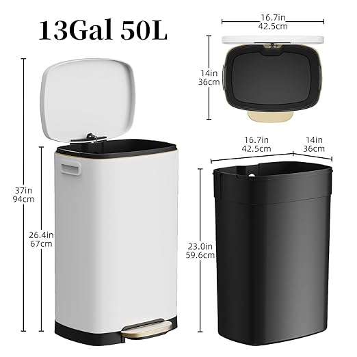 13 Gallon Trash Can with Lid, 50L Fingerprint Proof Stainless Steel Kitchen Trash Can with Removable Inner Bucket and Lid Soft Close, Pedal Rubbish Bin for Home Office, White
